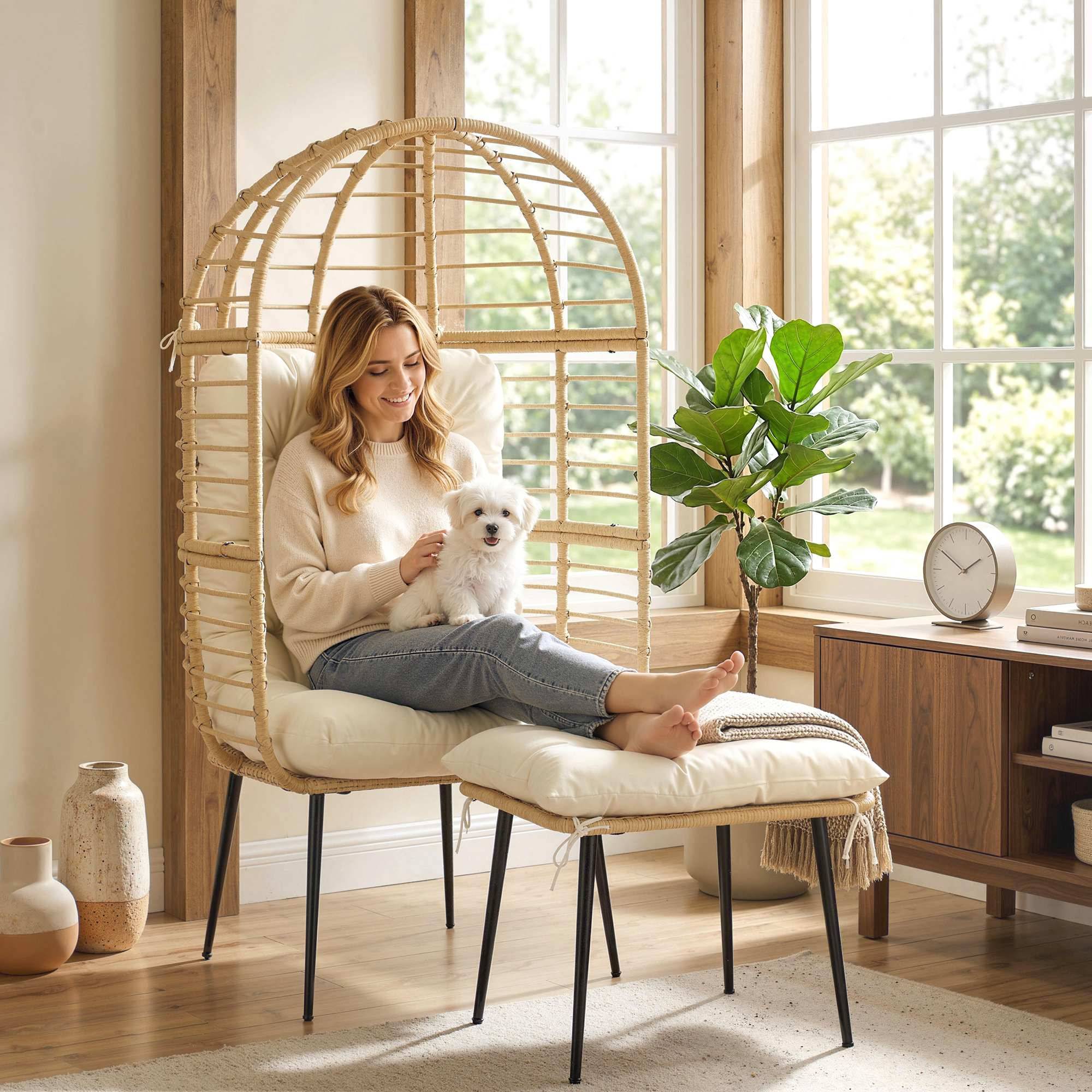 ComfortXL - Fauteuil de jardin œuf en résine tressée beige avec repose-pieds et coussins épais pour terrasse détente - Image 9