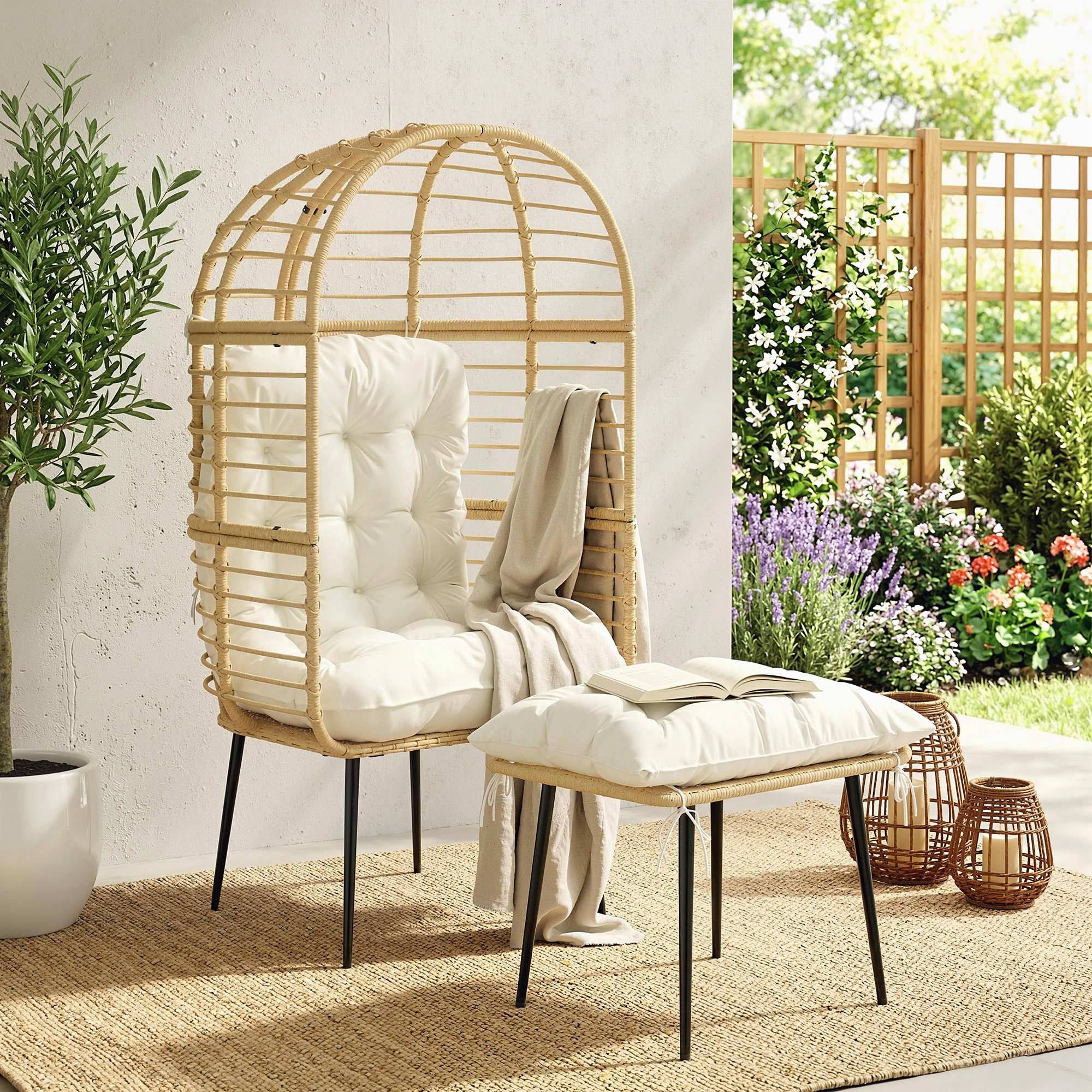 ComfortXL - Fauteuil de jardin œuf en résine tressée beige avec repose-pieds et coussins épais pour terrasse détente - Image 1