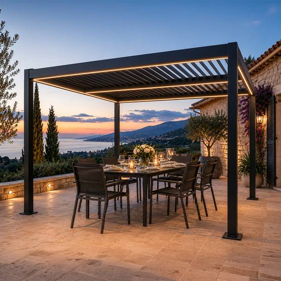 Pergola bioclimatique à LED 3x3m structure aluminium lames orientables CORFU - Image 2