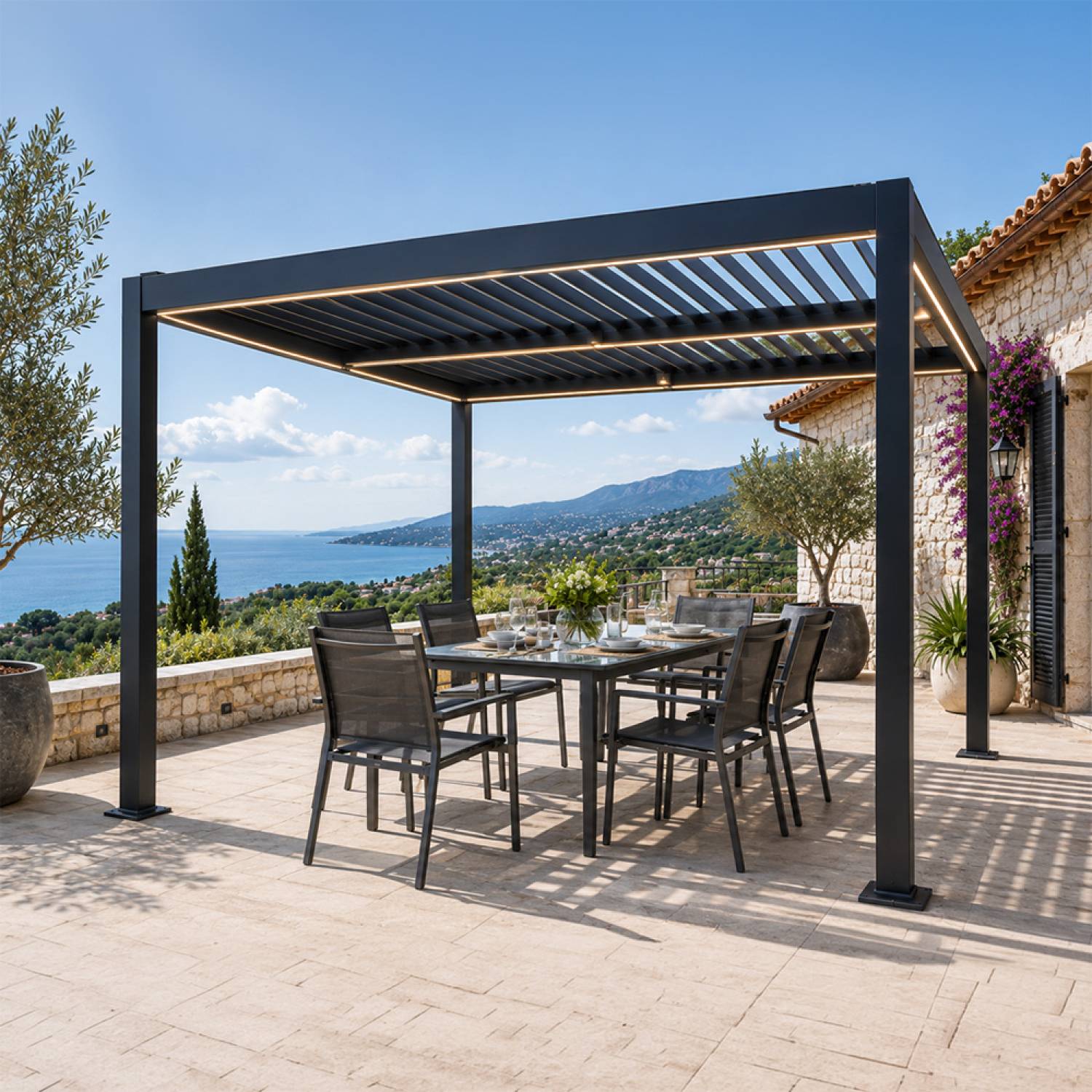 Pergola bioclimatique à LED 3x3m structure aluminium lames orientables CORFU - Image 4