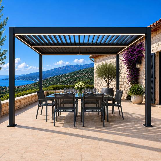 Pergola bioclimatique à LED 3x3m structure aluminium lames orientables CORFU - Image 6