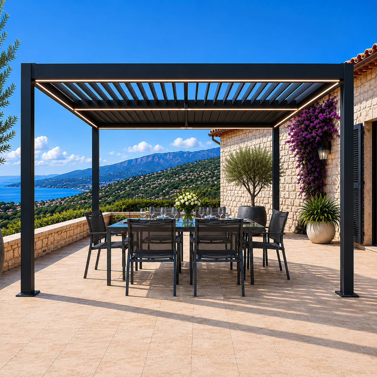 Pergola bioclimatique à LED 3x3m structure aluminium lames orientables CORFU - Image 6