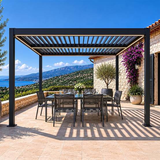 Pergola bioclimatique à LED 3x3m structure aluminium lames orientables CORFU - Image 5