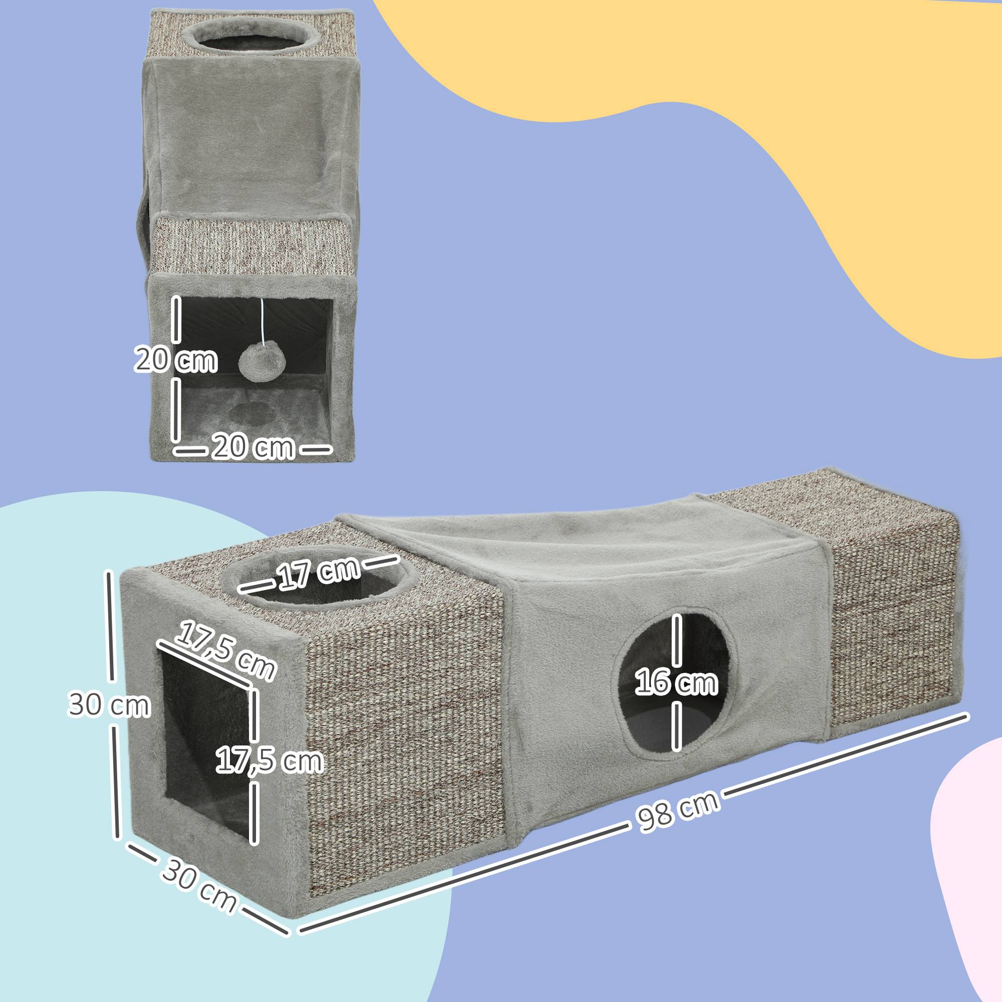 Sans Marque - Tunnel de conversation, jouets d'intérieur pour discuter avec des balles suspendues, plusieurs entrées en sisal 98 x 30 x 30 cm gris - Image 5