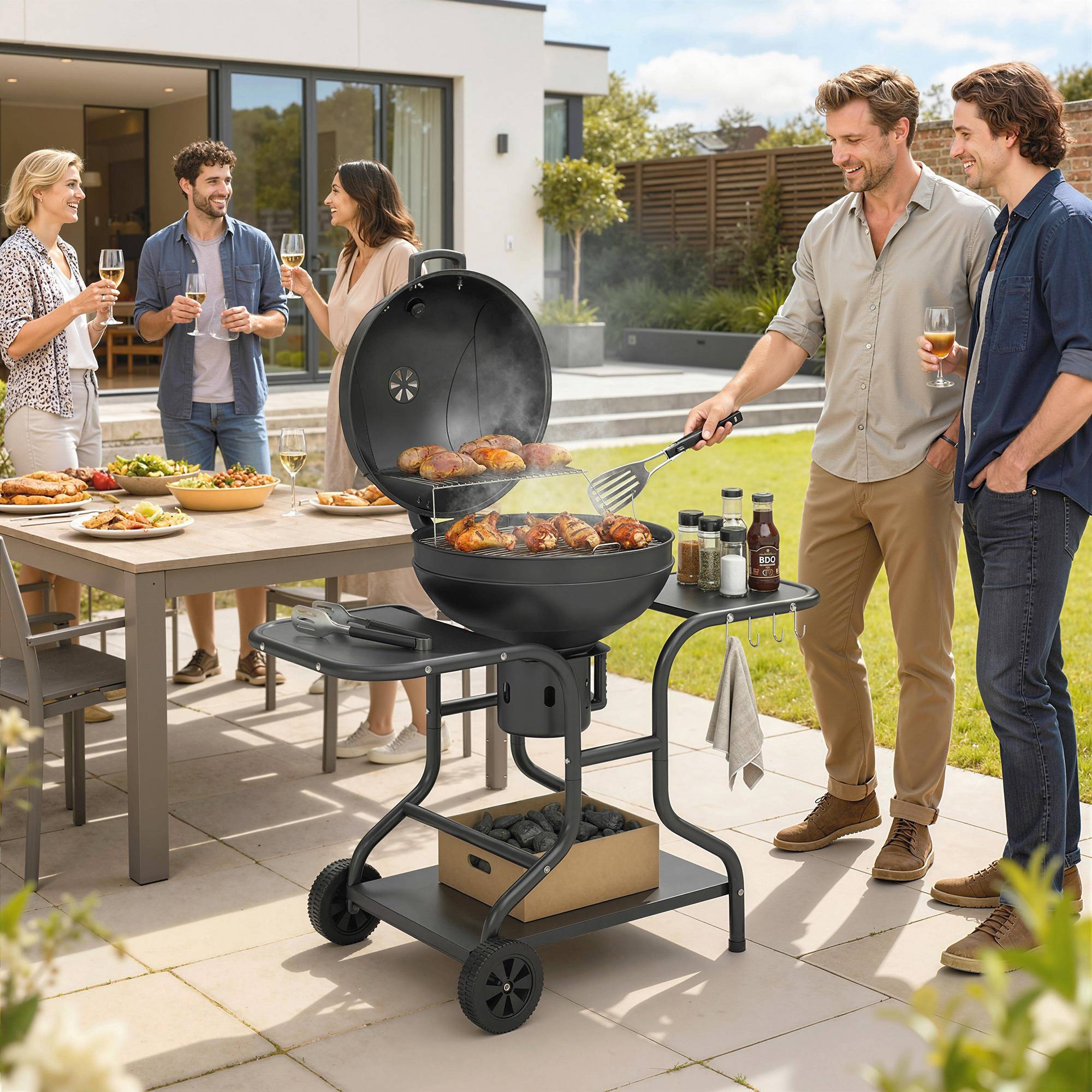 Barbecue charbon fumoir, tables latérales, couvercle, thermomètre, roues,129x63,5x106,5cm, noir - Image 4