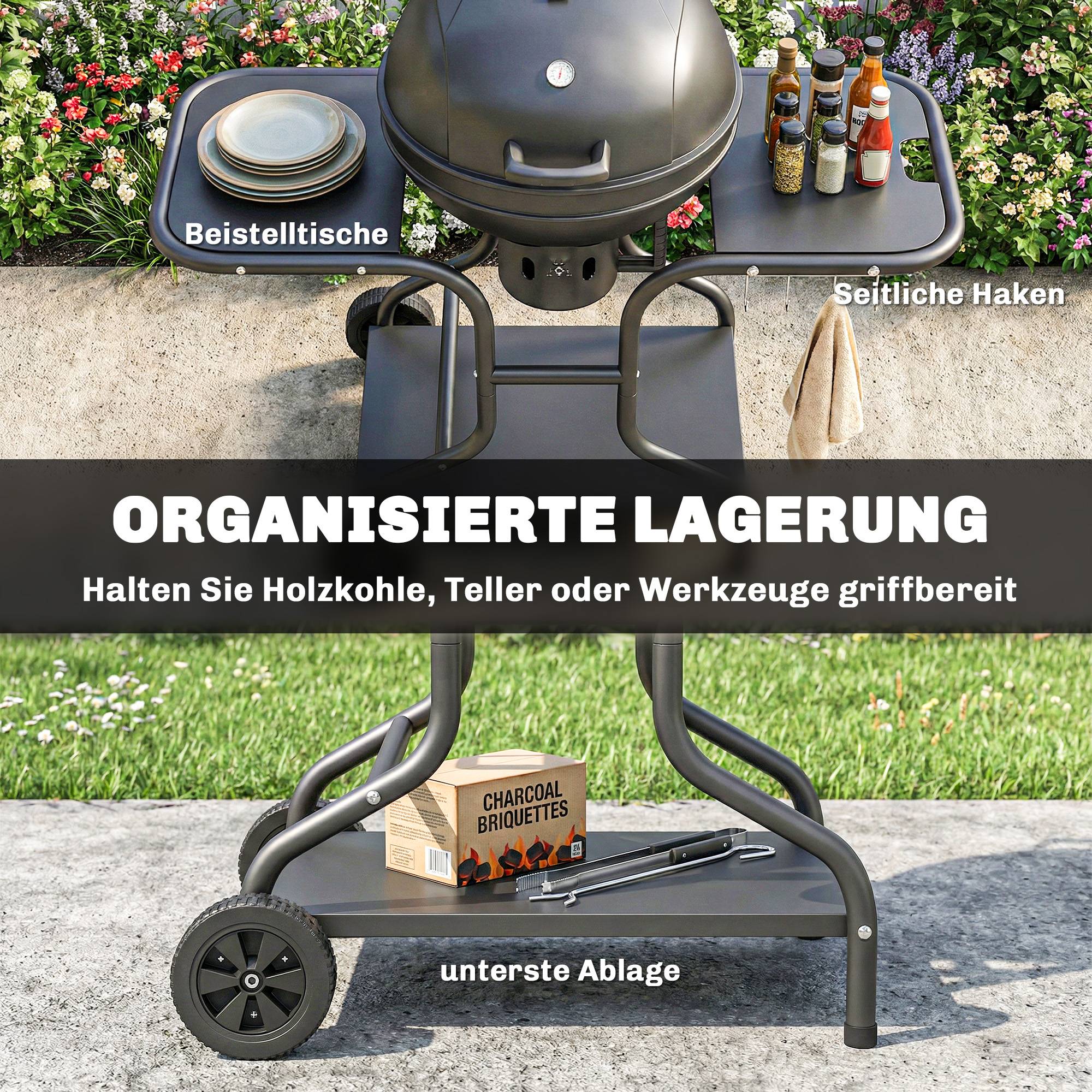 Barbecue charbon fumoir, tables latérales, couvercle, thermomètre, roues,129x63,5x106,5cm, noir - Image 7