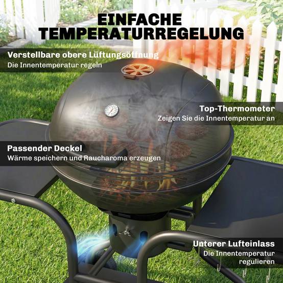 Barbecue charbon fumoir, tables latérales, couvercle, thermomètre, roues,129x63,5x106,5cm, noir - Image 8