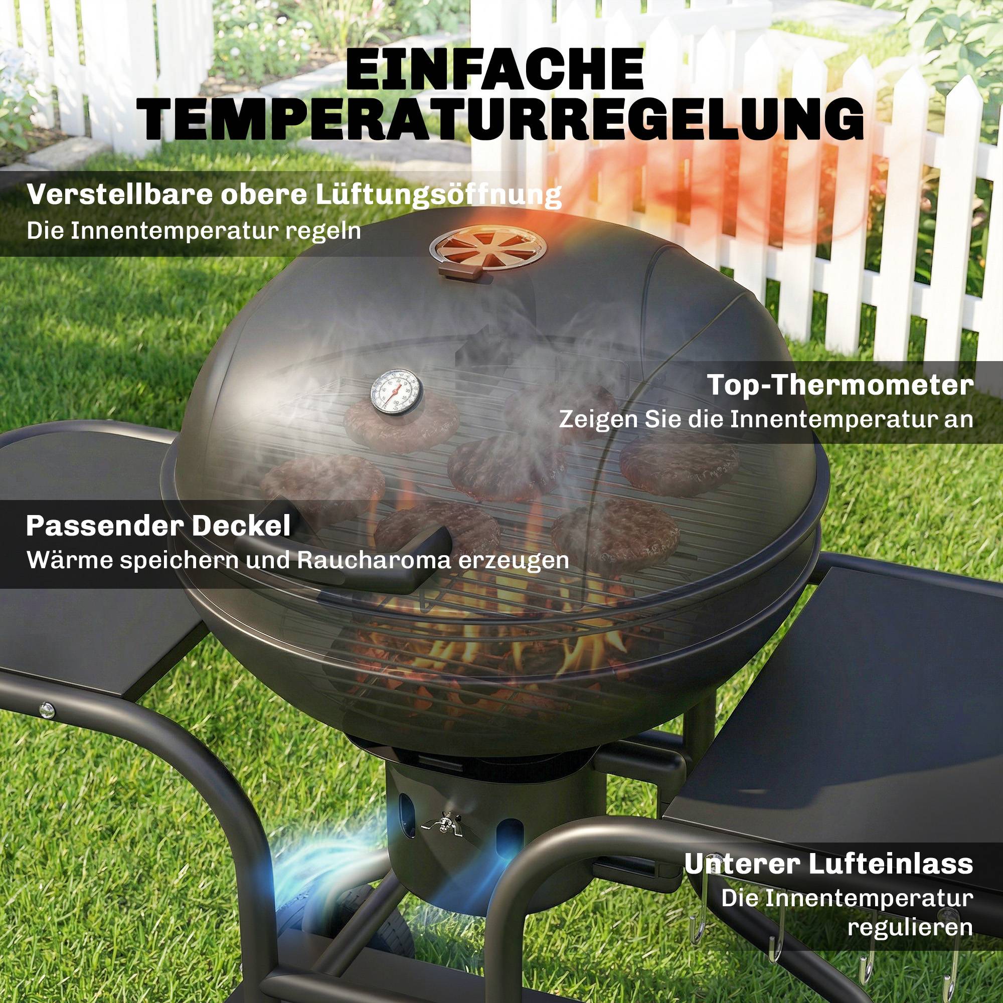 Barbecue charbon fumoir, tables latérales, couvercle, thermomètre, roues,129x63,5x106,5cm, noir - Image 8
