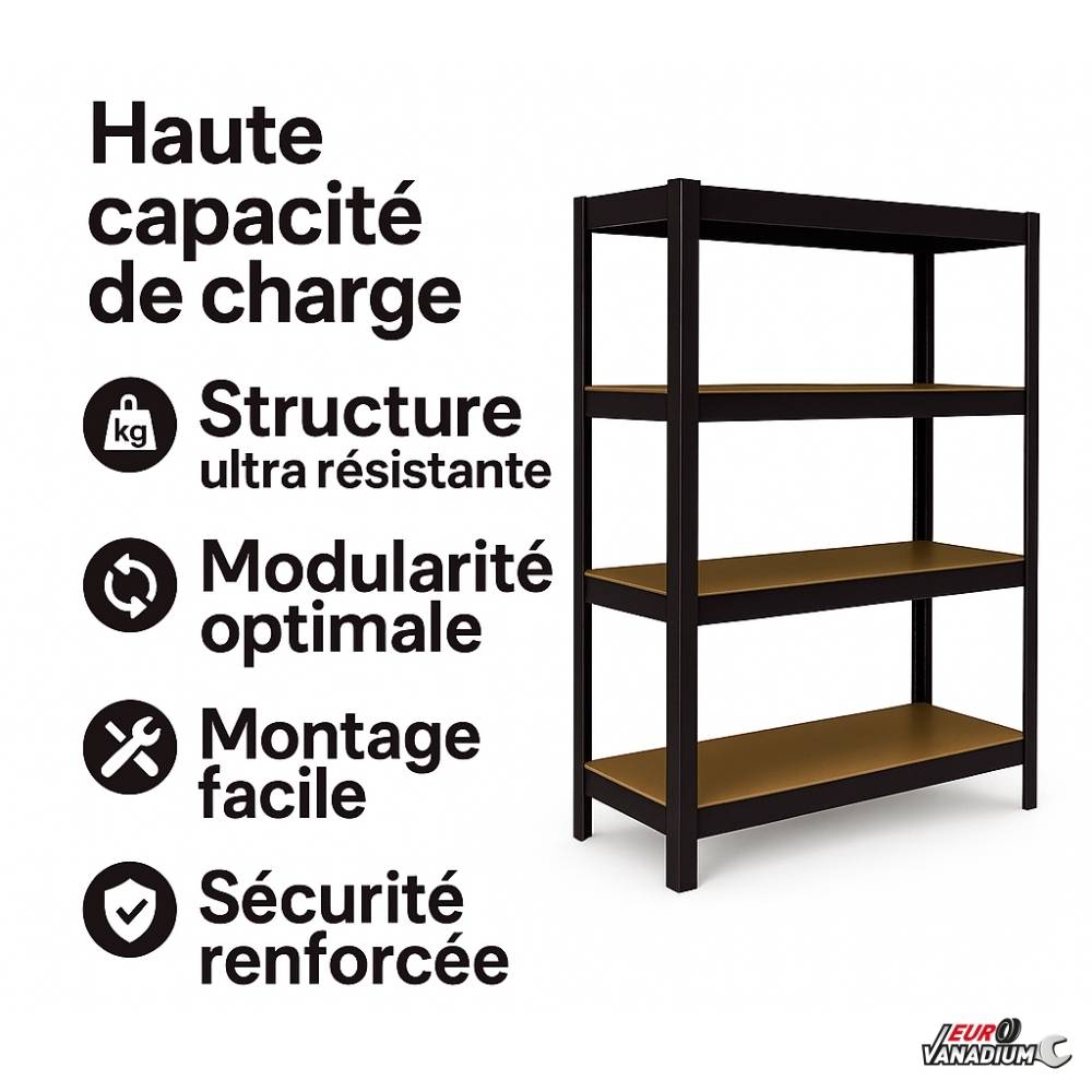 Étagère de garage métallique robuste 160x160cm : charge lourde, modulable, facile à monter 40 cm Noir - Image 2