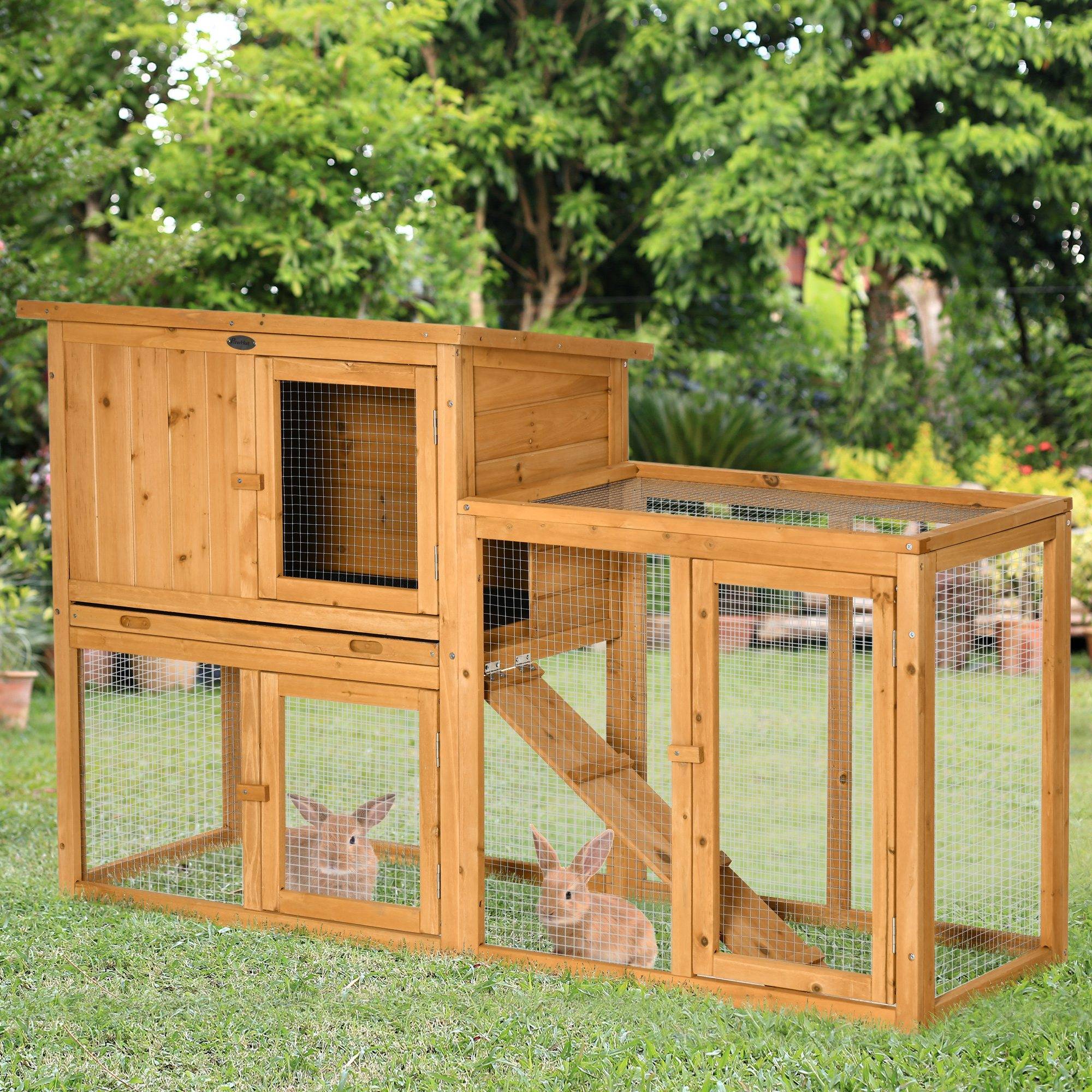 Cage petits animaux avec enclos, bac extractible, résistante intempéries, 141 x 60 x 86 cm, brun - Image 3
