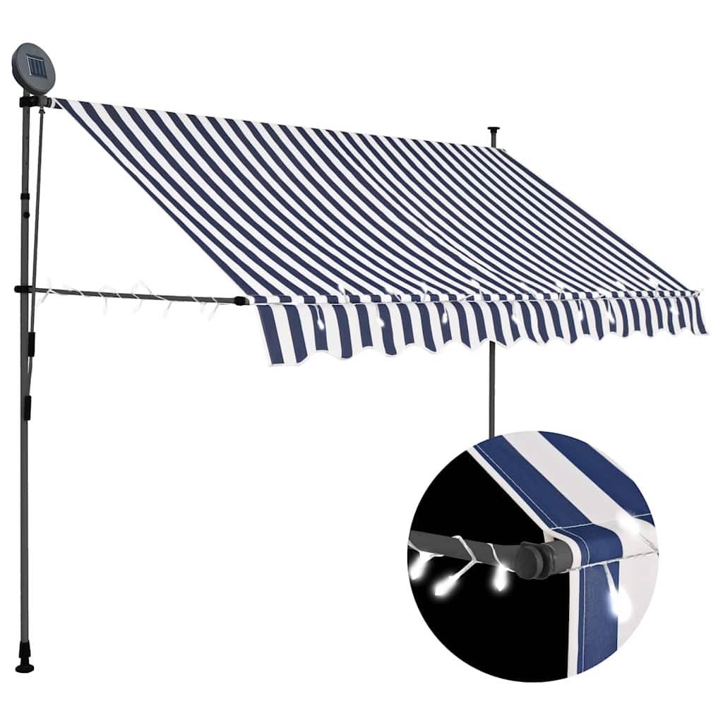 ComfortXL - Auvent de Balcon LED Solaire sans Perçage Manuel Rétractable Anti-UV Rayé Bleu Blanc 300x120 cm – ComfortXL Outdoor Living - Image 1