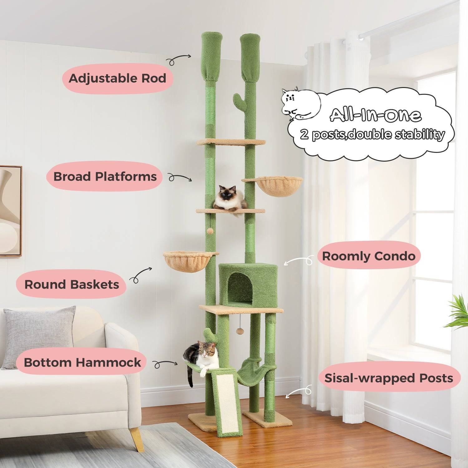 Arbre à Chat du Sol au Plafond avec 2 Poteaux Cactus PAWZ Road - Image 8