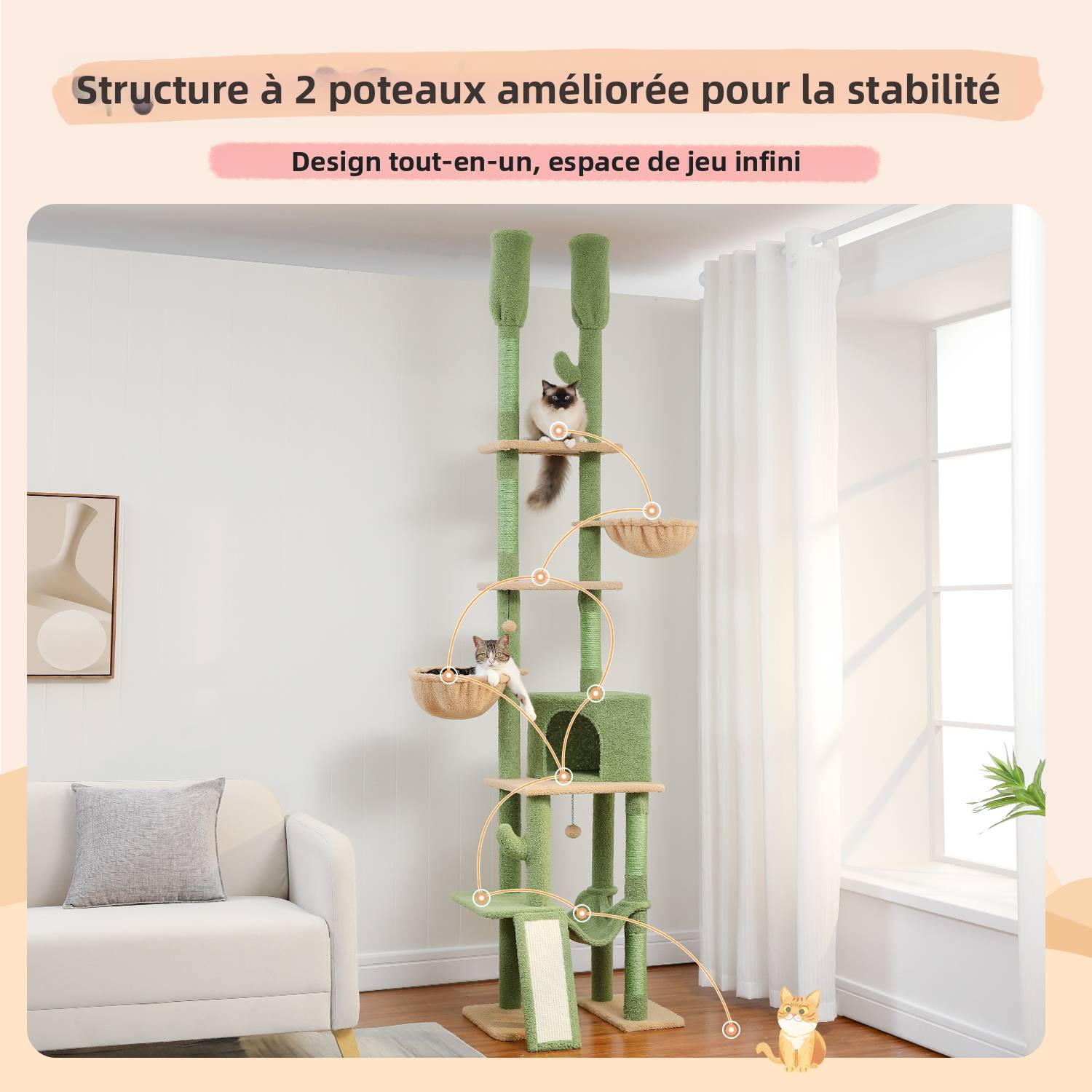 Arbre à Chat du Sol au Plafond avec 2 Poteaux Cactus PAWZ Road - Image 3