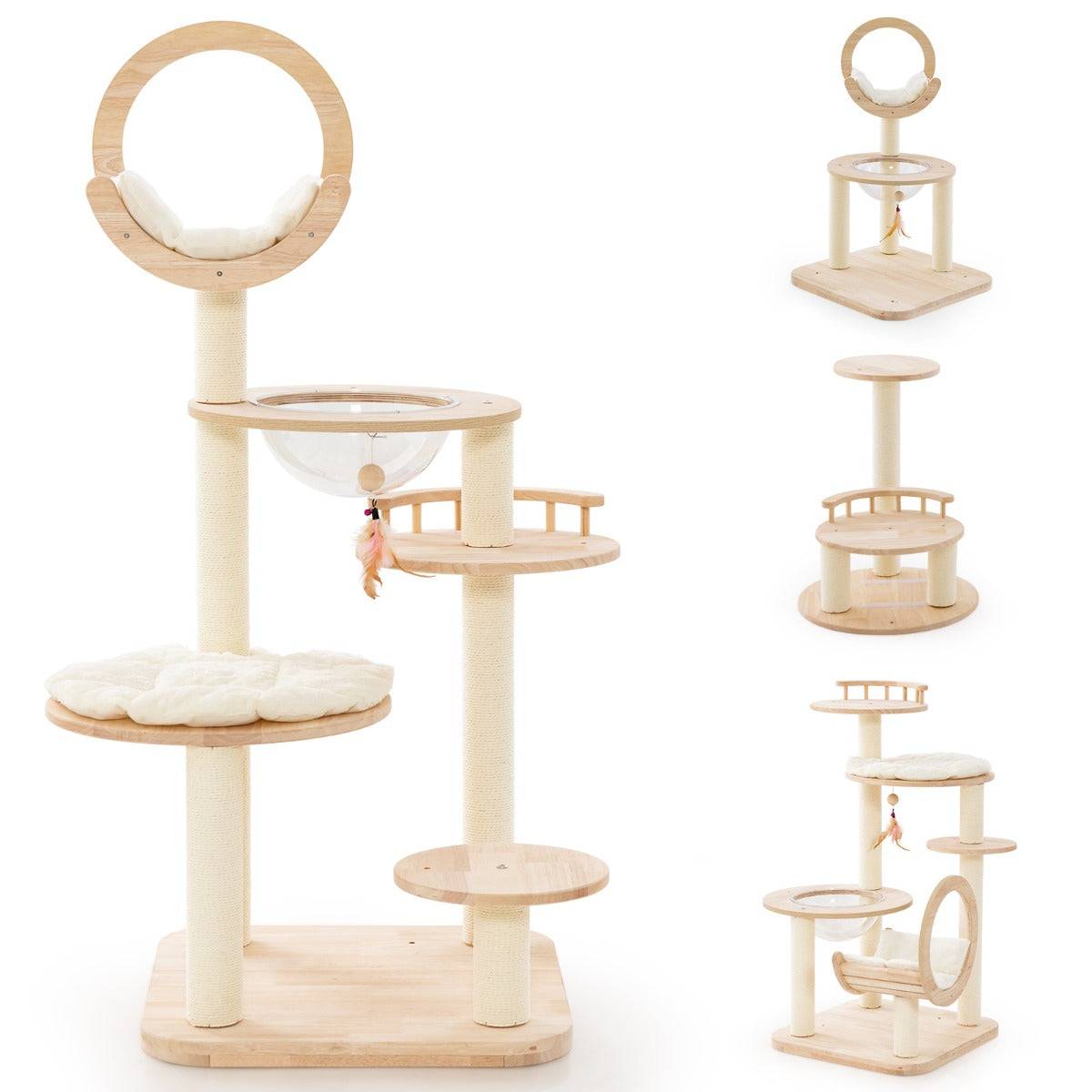Helloshop26 - Arbre à chat 146 cm en blocs de construction tour à chat en bois chêne 4 en 1 avec condo et hublot 146 cm griffoir en sisal plateforme rembourrée - Imagen 1
