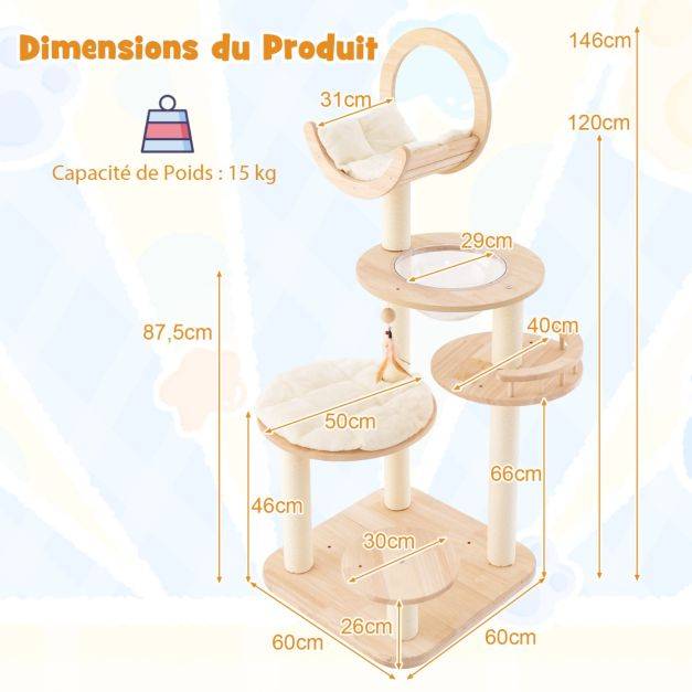 Helloshop26 - Arbre à chat 146 cm en blocs de construction tour à chat en bois chêne 4 en 1 avec condo et hublot 146 cm griffoir en sisal plateforme rembourrée - Imagen 3