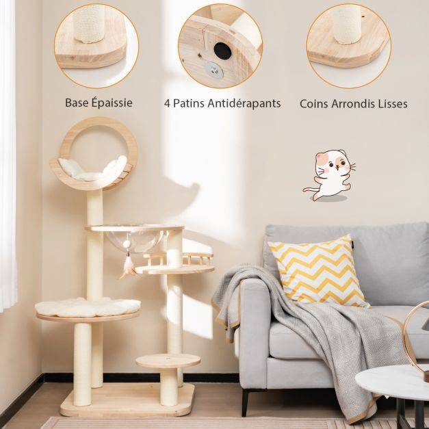 Helloshop26 - Arbre à chat 146 cm en blocs de construction tour à chat en bois chêne 4 en 1 avec condo et hublot 146 cm griffoir en sisal plateforme rembourrée - Imagen 2
