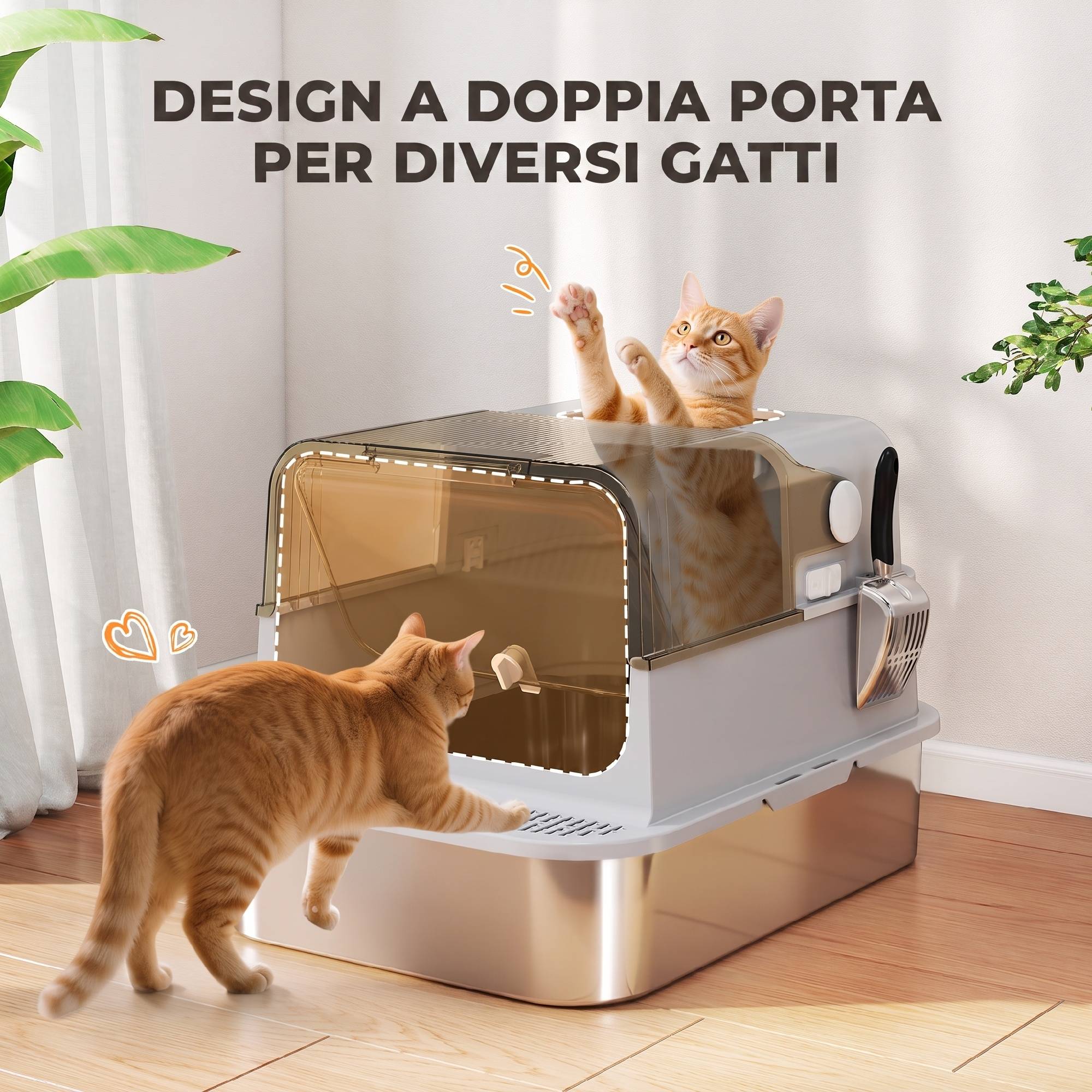 Litière fermée XXL acier inox, couvercle 90° et doubles portes, 70x50x46,5cm, gris - Image 9