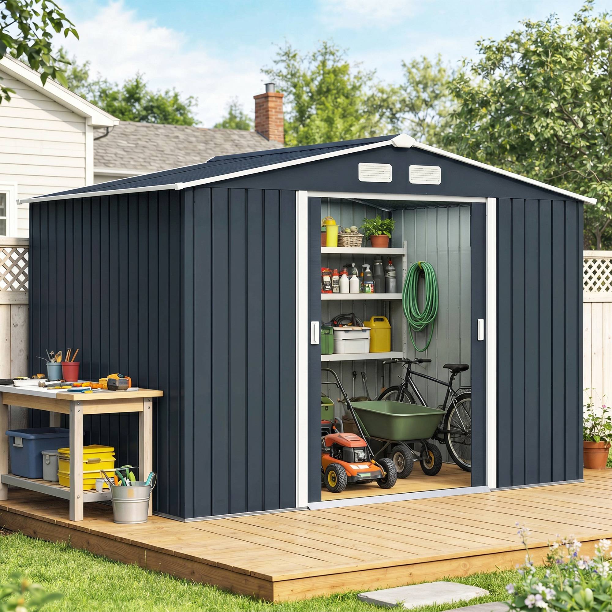 Abri gris foncé 4,9 m² 277x195x192 cm avec 2 portes coulissantes et base renforcée, grand rangement extérieur design sobre et robuste - Image 4