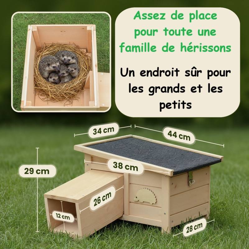 Abri Cabane Mangeoire Hérisson Refuge éxtérieur en bois massif Hibernation Hiver"Hugo" - Image 4