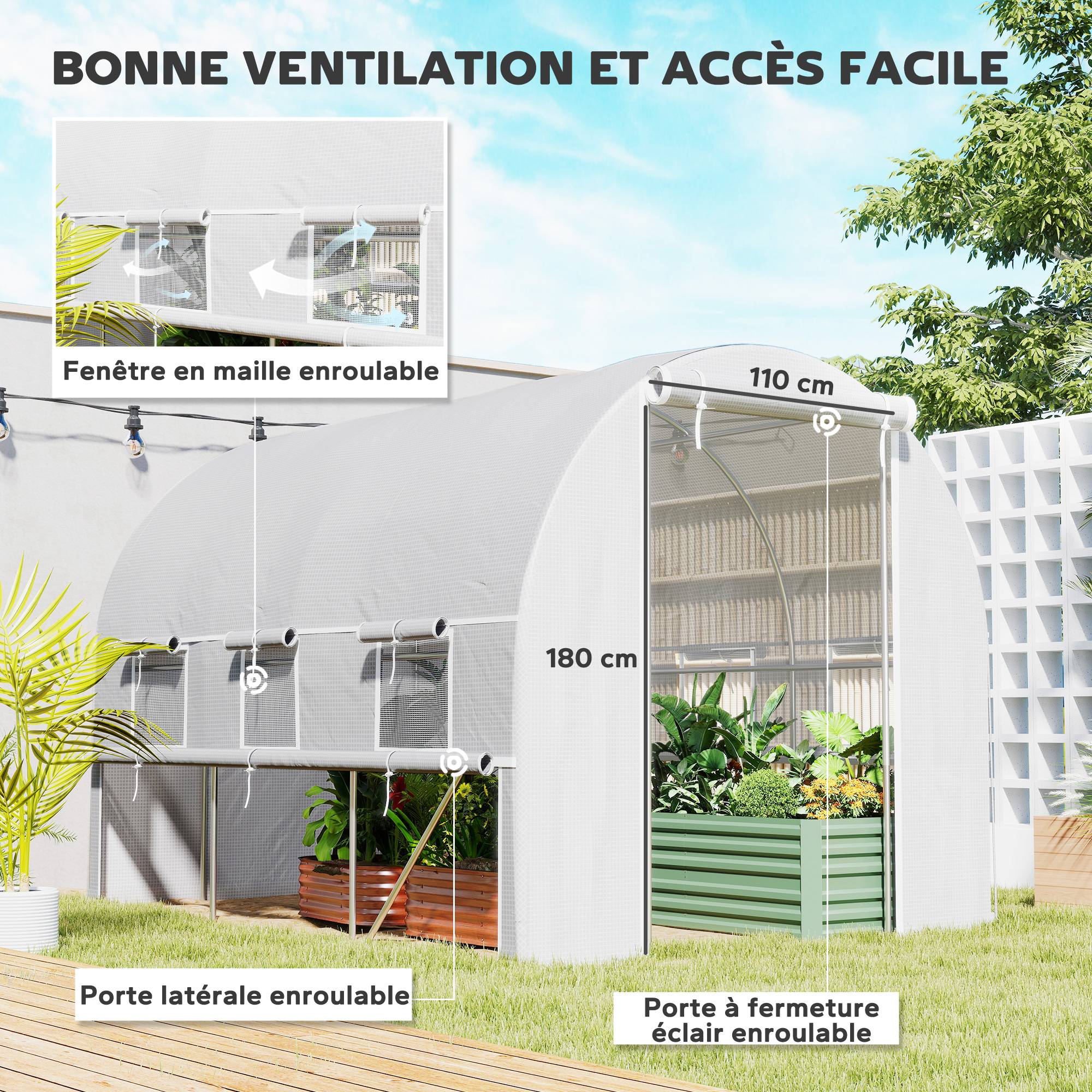Outsunny - Serre de jardin tunnel 6m² avec 6 fenêtres et porte enroulable toile PE structure acier galvanisé blanc - Outsunny - Image 3