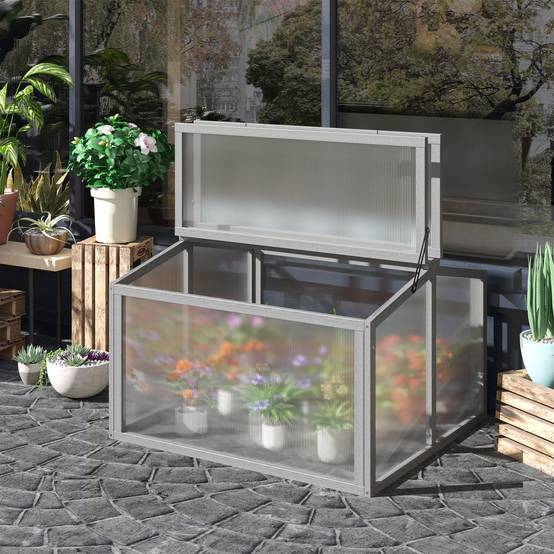 Châssis froid bois, panneaux polycarbonate 90x80x58 cm gris clair, serre balcon potager semis - Image 3