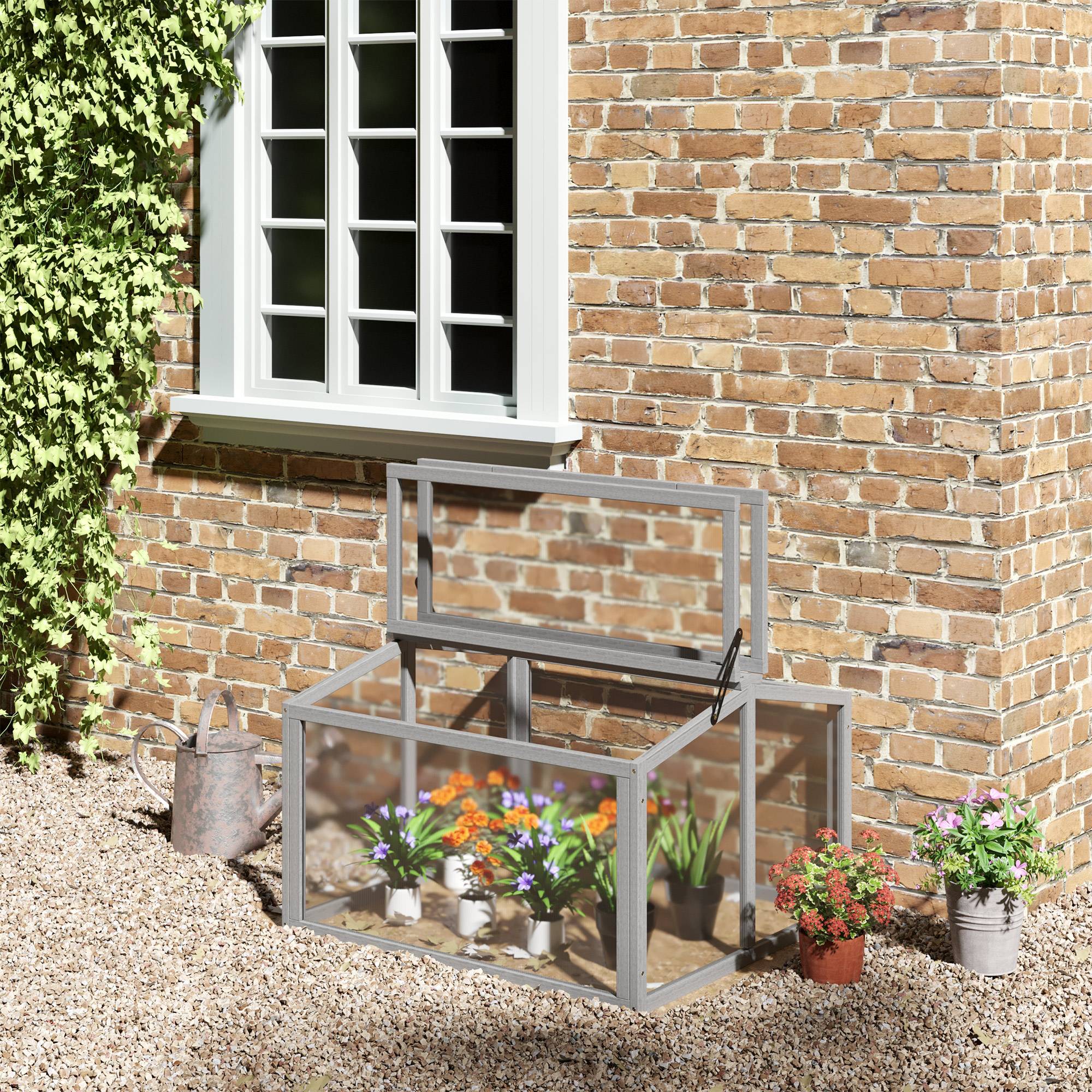 Châssis froid bois, panneaux polycarbonate 90x80x58 cm gris clair, serre balcon potager semis - Image 4