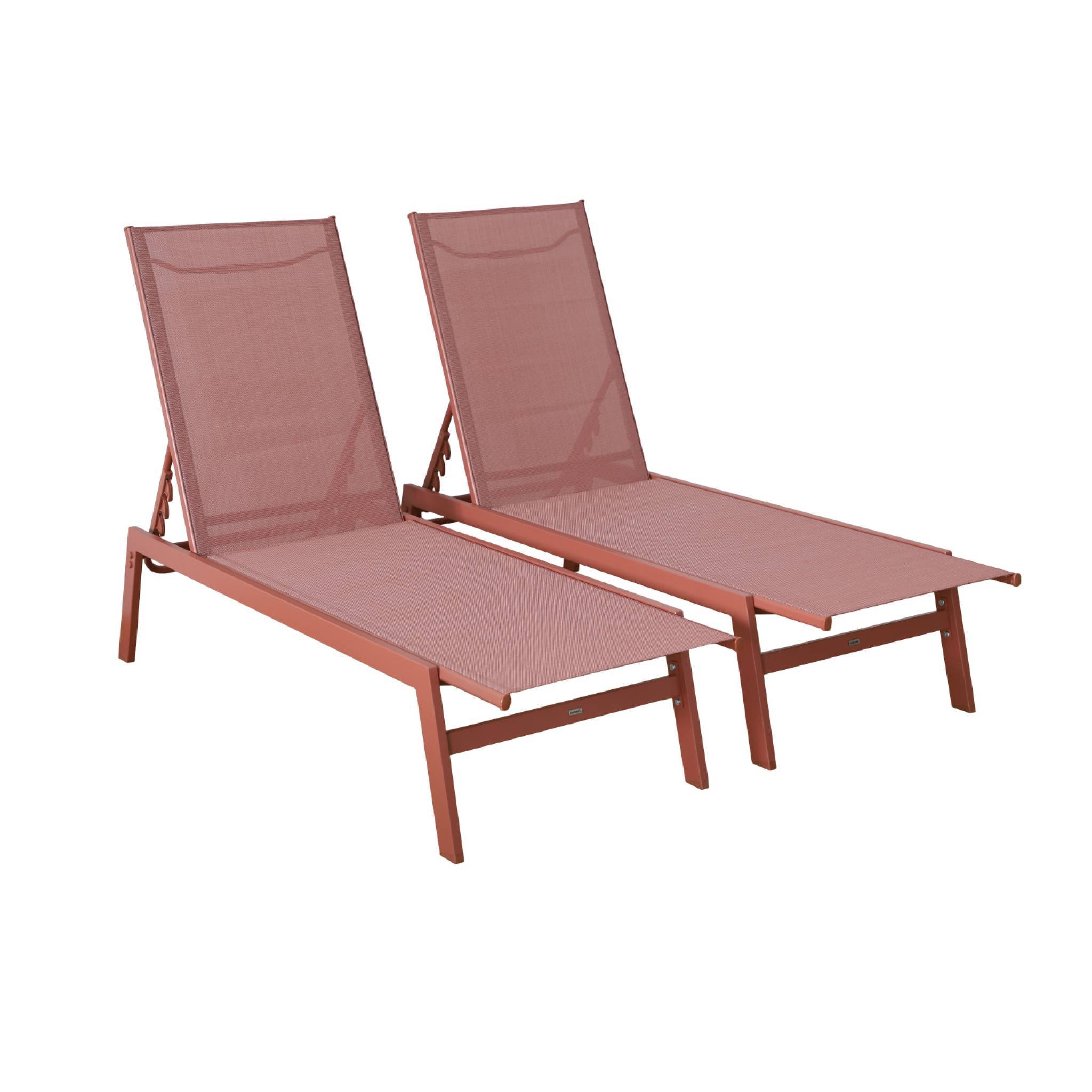sweeek - Lot de 2 transats terracotta. 5 positions. en textilène et métal. FLORA.  L155 x P59 x H106cm | sweeek - Image 2