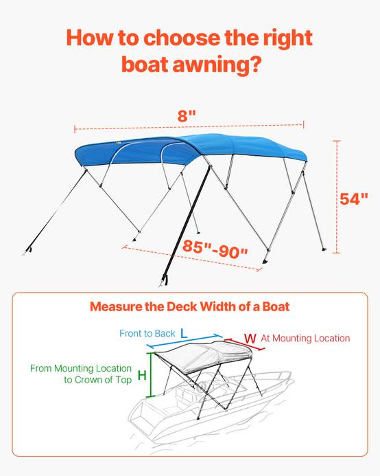 VEVOR Bimini bateau 4 arceaux, 243x137x216-228 cm, alu, polyester 600D, bleu. - Image 5