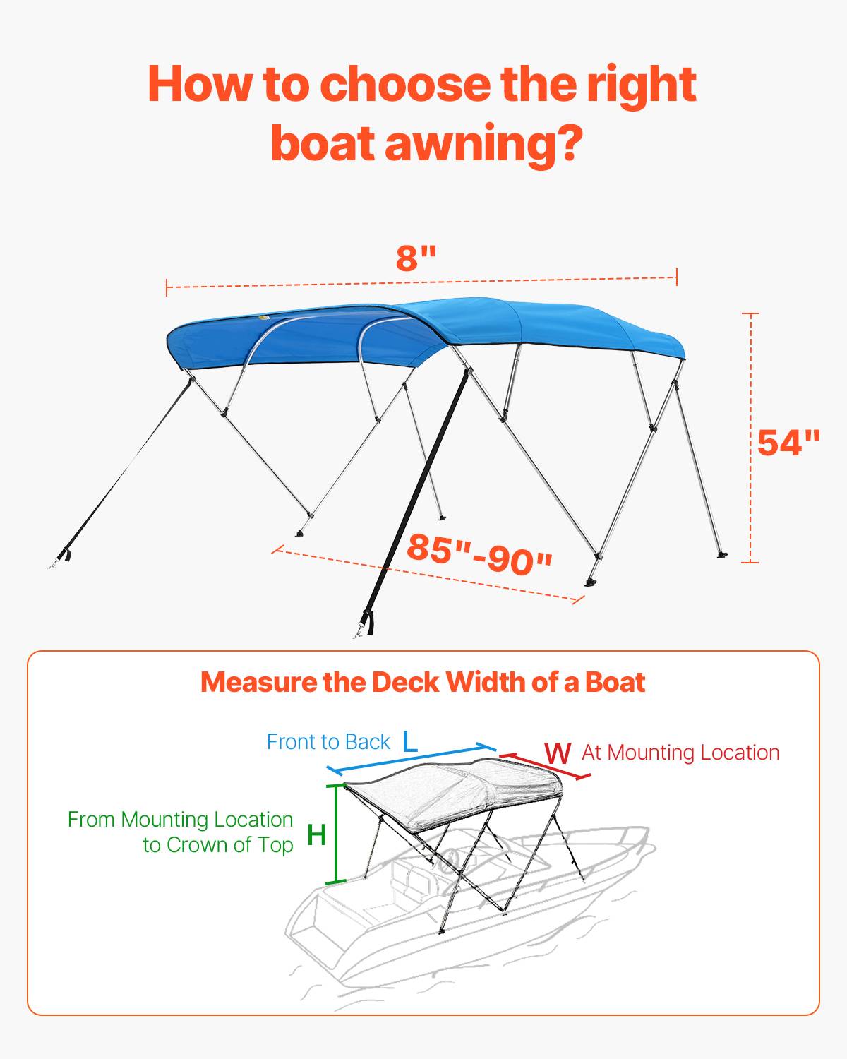 VEVOR Bimini bateau 4 arceaux, 243x137x216-228 cm, alu, polyester 600D, bleu. - Image 5