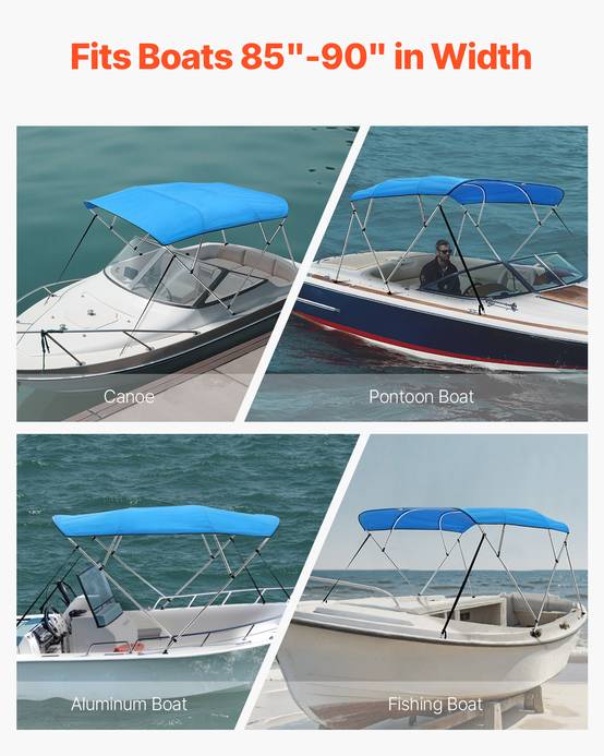 VEVOR Bimini bateau 4 arceaux, 243x137x216-228 cm, alu, polyester 600D, bleu. - Image 6