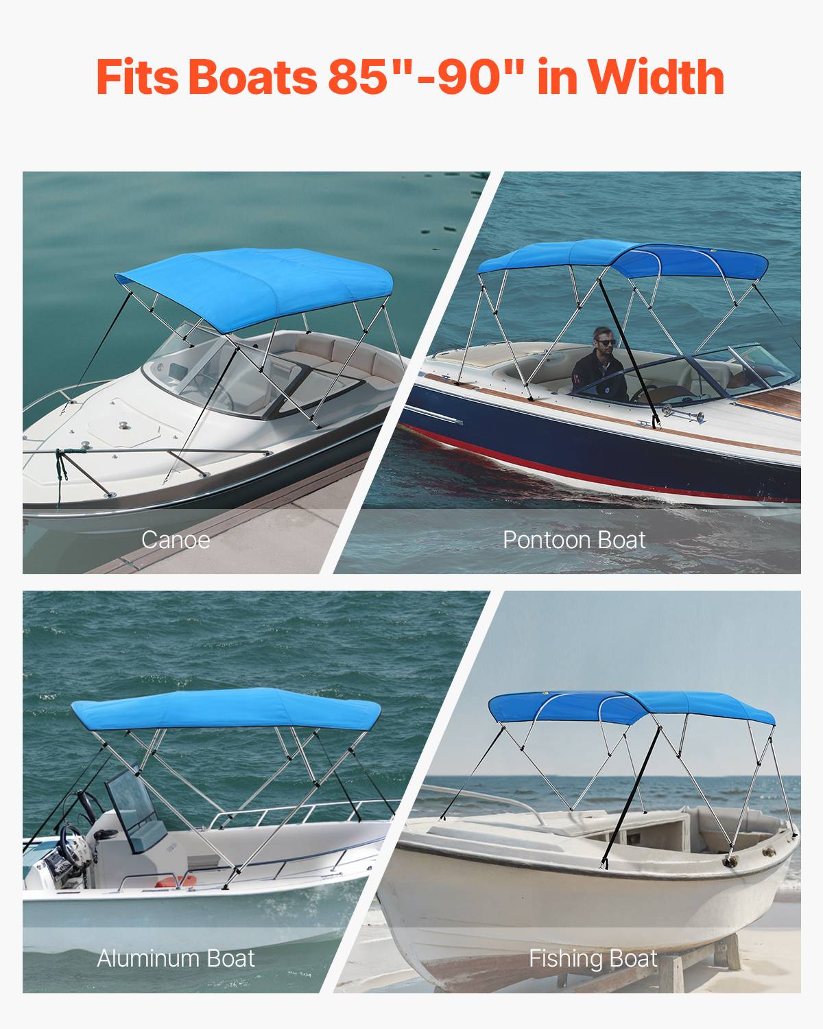 VEVOR Bimini bateau 4 arceaux, 243x137x216-228 cm, alu, polyester 600D, bleu. - Image 6