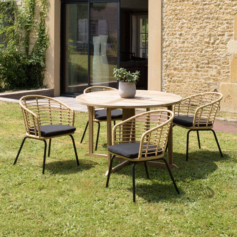 Macabane - MALO - SALON DE JARDIN 4 PERS. - 1 Table ronde 120x120cm et 4 fauteuils beiges et noirs - Imagen 2