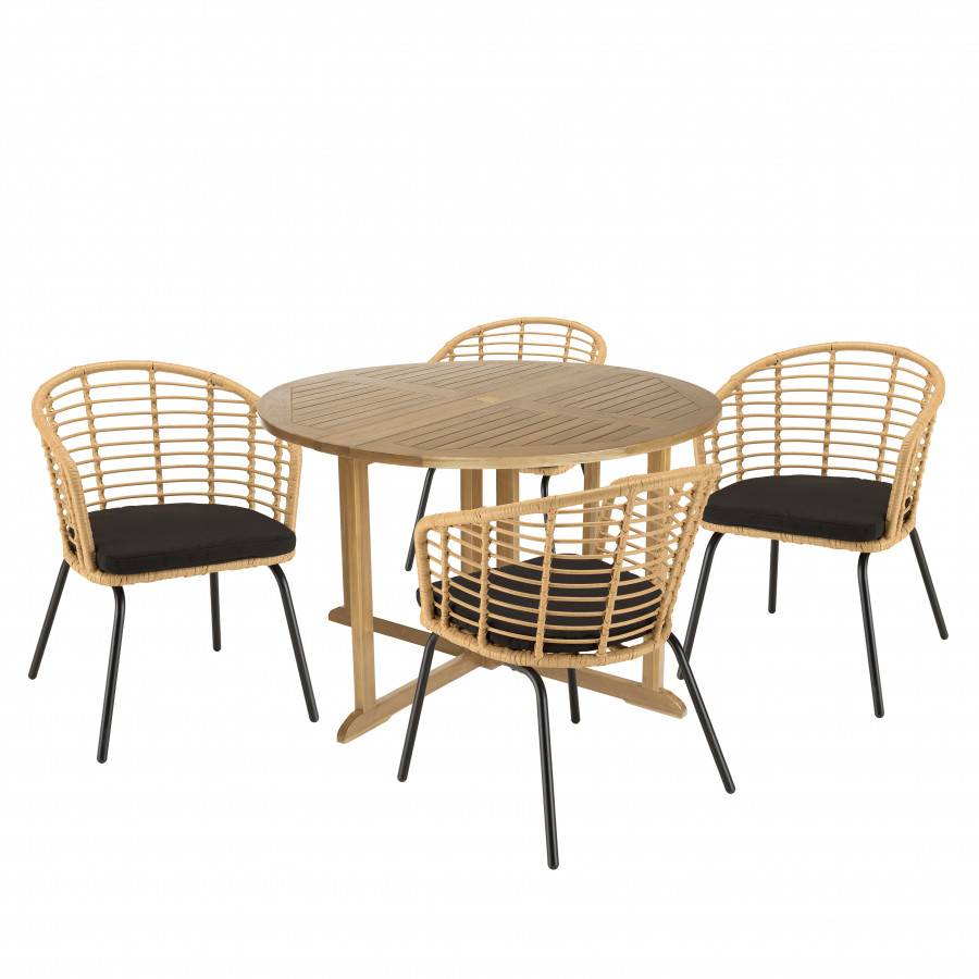 Macabane - MALO - SALON DE JARDIN 4 PERS. - 1 Table ronde 120x120cm et 4 fauteuils beiges et noirs - Imagen 1