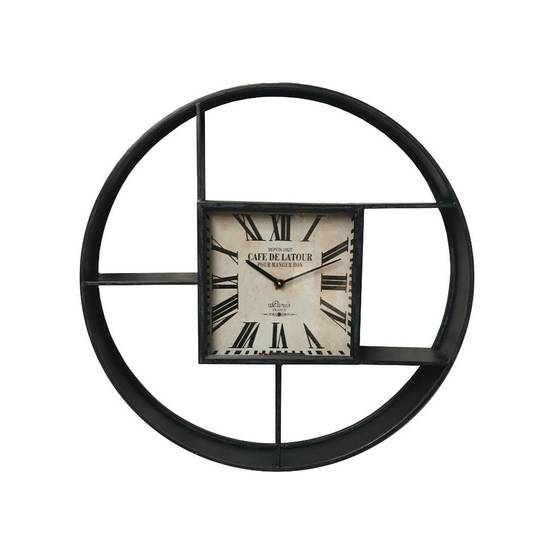 Grande horloge étagère murale décorative vintage bois noir 79.5cm Chemin de campagne