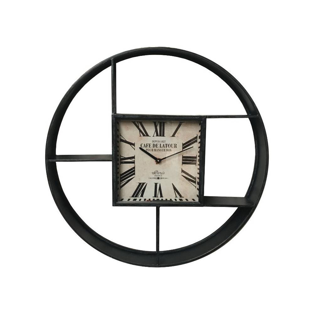 Grande horloge étagère murale décorative vintage bois noir 79.5cm Chemin de campagne