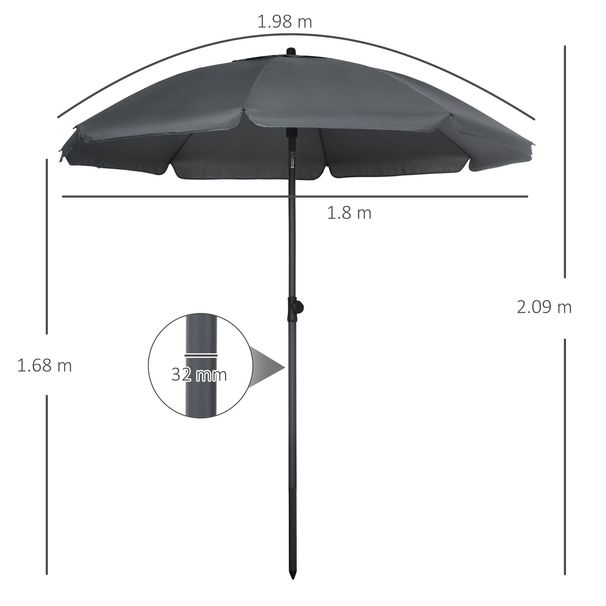 Parasol de plage 1,8x2 m, en polyester et acier à 8 baleines avec inclinaison 45°, gris - Image 5
