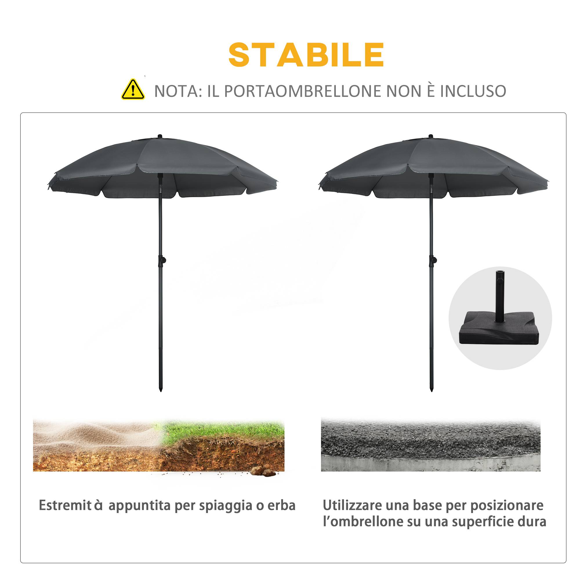 Parasol de plage 1,8x2 m, en polyester et acier à 8 baleines avec inclinaison 45°, gris - Image 9