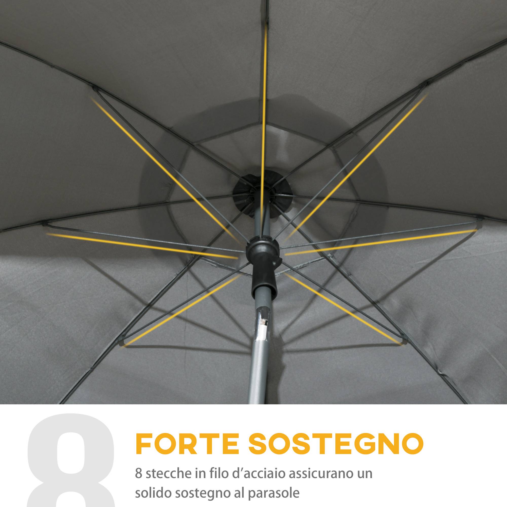Parasol de plage 1,8x2 m, en polyester et acier à 8 baleines avec inclinaison 45°, gris - Image 8