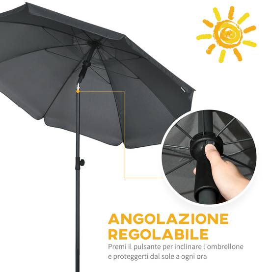 Parasol de plage 1,8x2 m, en polyester et acier à 8 baleines avec inclinaison 45°, gris - Image 7