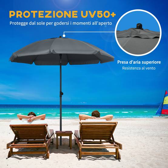 Parasol de plage 1,8x2 m, en polyester et acier à 8 baleines avec inclinaison 45°, gris - Image 6