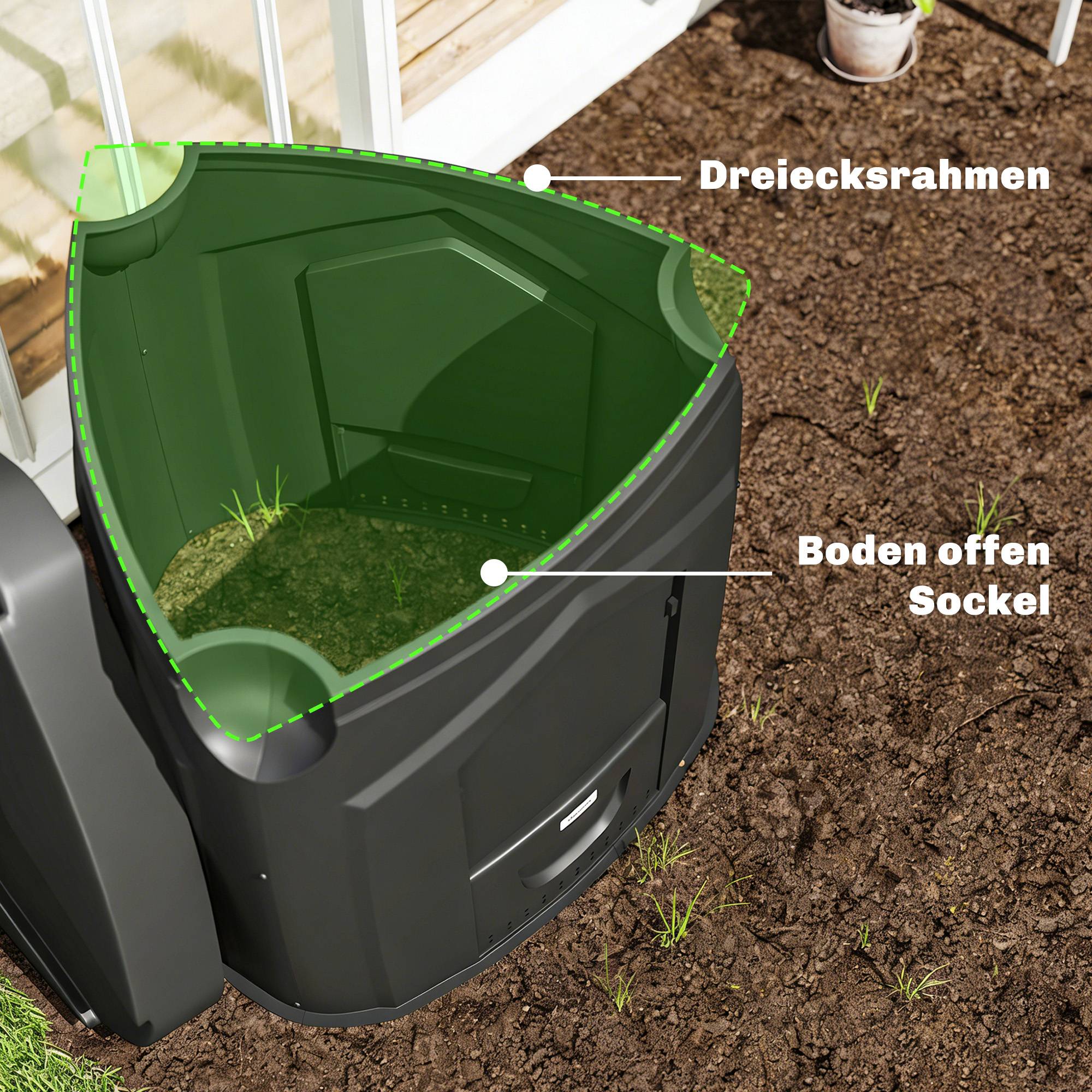 ComfortXL - Composteur de jardin 240 L polypropylène noir forme triangulaire 3 portes pour déchets verts et cuisine - Image 5