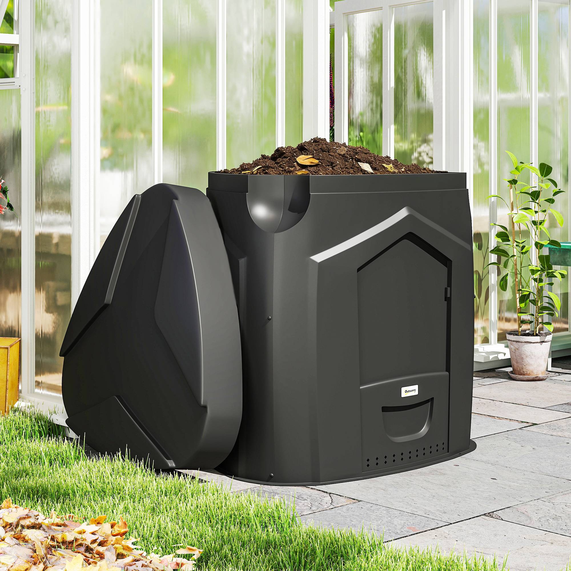 ComfortXL - Composteur de jardin 240 L polypropylène noir forme triangulaire 3 portes pour déchets verts et cuisine