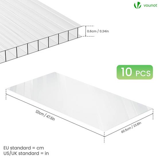 Lot de 10 plaques en polycarbonate alvéolaire 6 mm - 121 x 60,5 cm transparent - double paroi creuse - pour serre - VOUNOT® - Image 5
