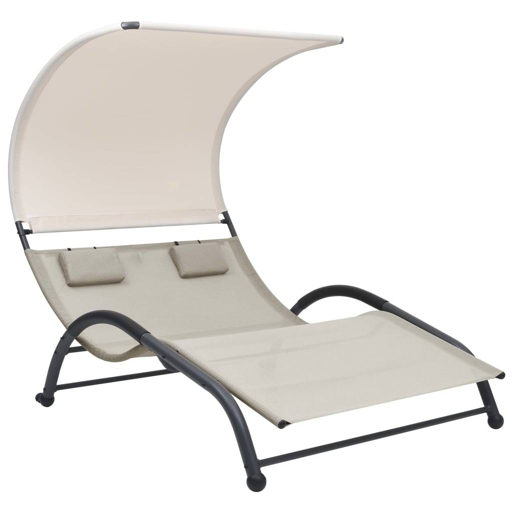 Helloshop26 - Transat chaise longue bain de soleil lit de jardin terrasse meuble d'extérieur double avec auvent textilène crème - Imagen 1