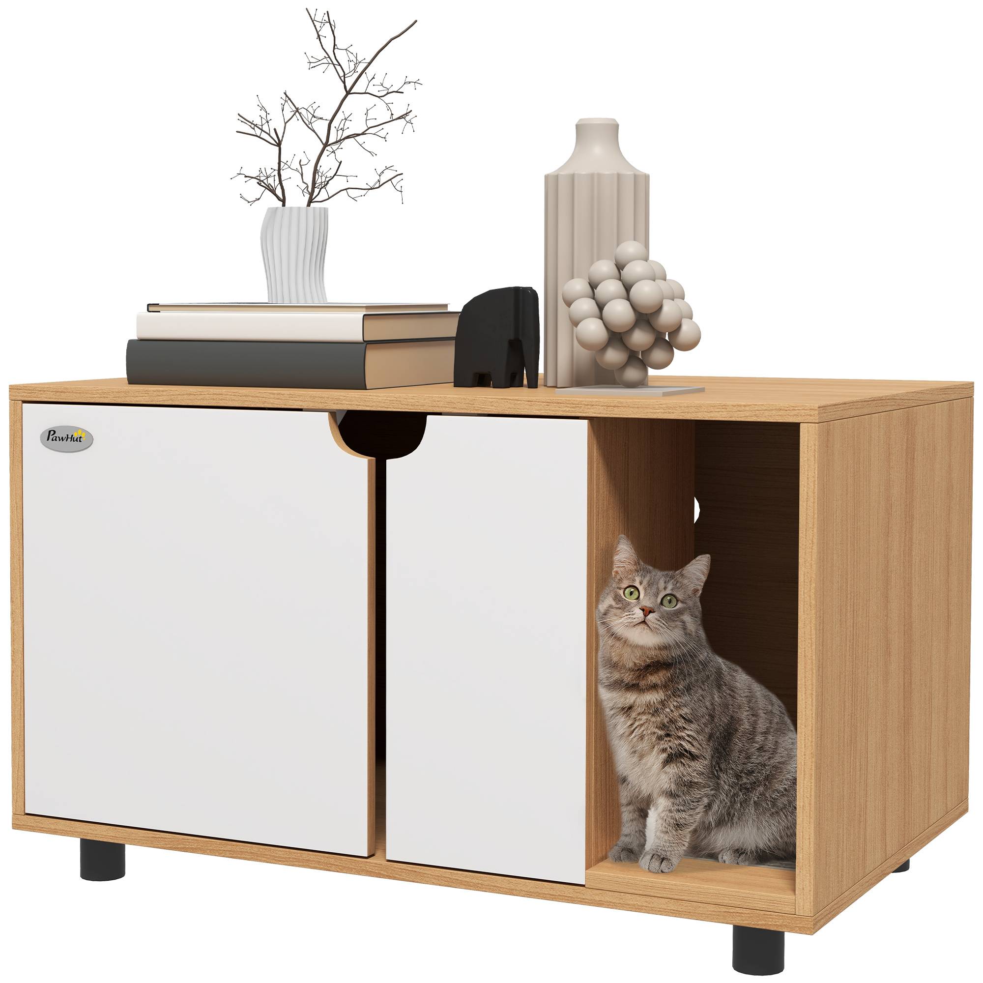 Meuble à litière pour chat panneaux de particules blanc et naturel 80 x 48 x 48 cm - PANGIVO
