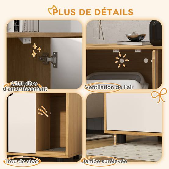 Meuble à litière pour chat panneaux de particules blanc et naturel 80 x 48 x 48 cm - PANGIVO - Image 9