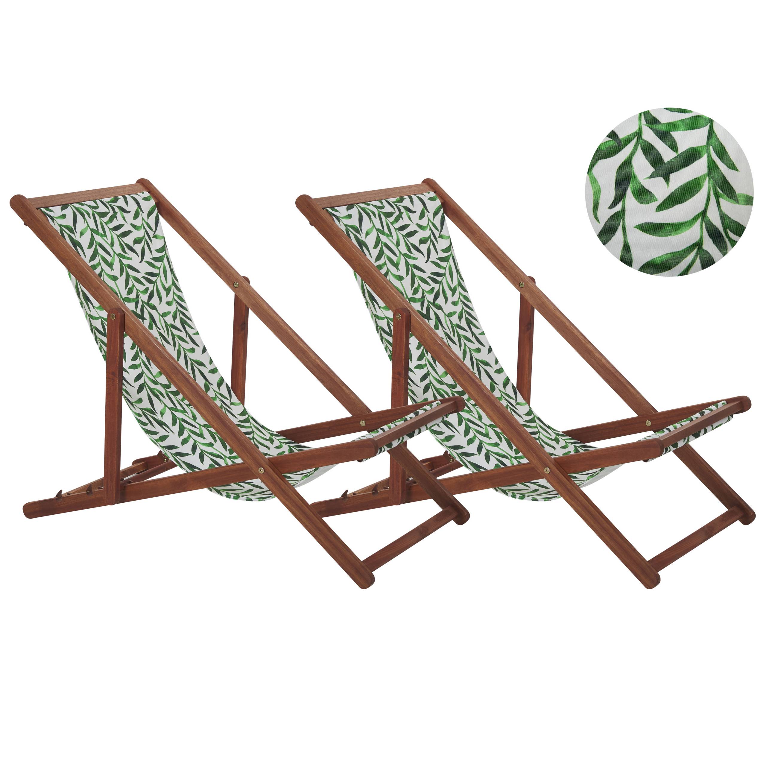 Beliani - 2 Transats Chaises Chiliennes Pliantes et Réglables en Bois d'Acacia Clair et Tissu Vert avec Toiles de Remplacement - Imagen 1