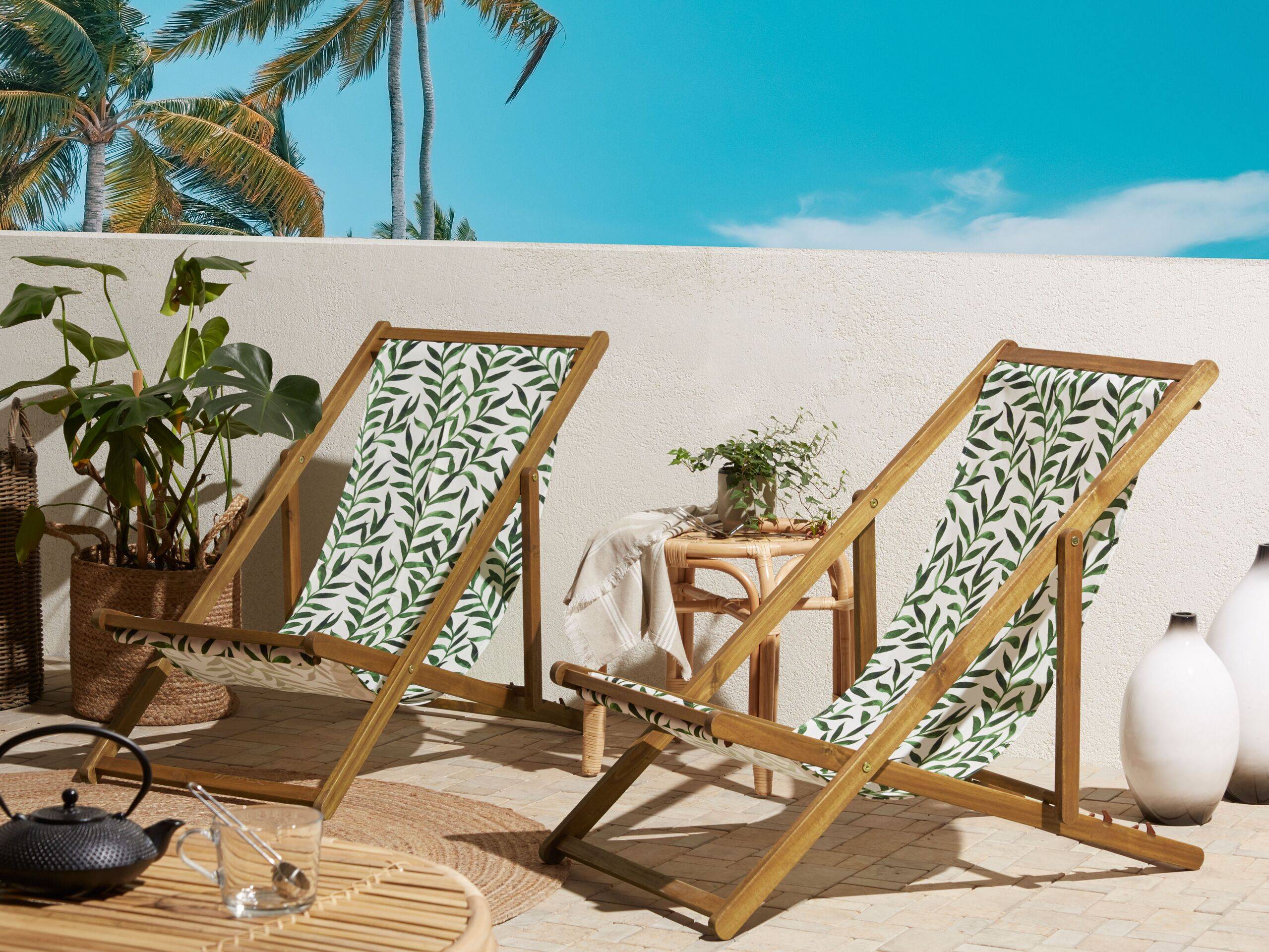 Beliani - 2 Transats Chaises Chiliennes Pliantes et Réglables en Bois d'Acacia Clair et Tissu Vert avec Toiles de Remplacement - Imagen 2