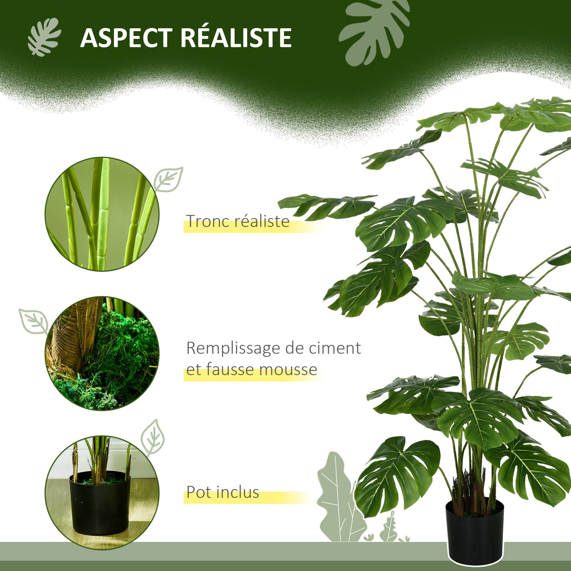 Plante artificielle arbre artificiel monstera deliciosa avec pot inclus hauteur 180 cm intérieure vert - Image 7