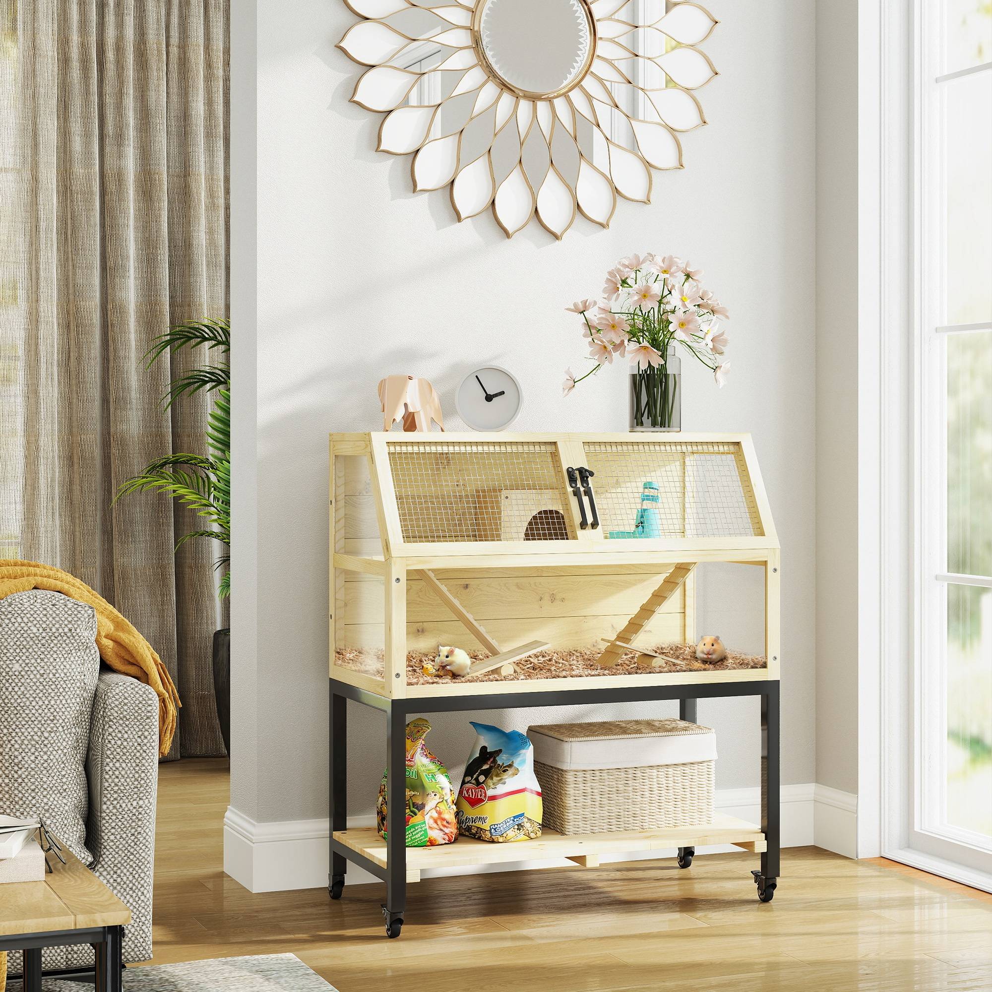 Cage pour rongeurs bois naturel 87 x 43 x 101 cm - PANGIVO - Image 3